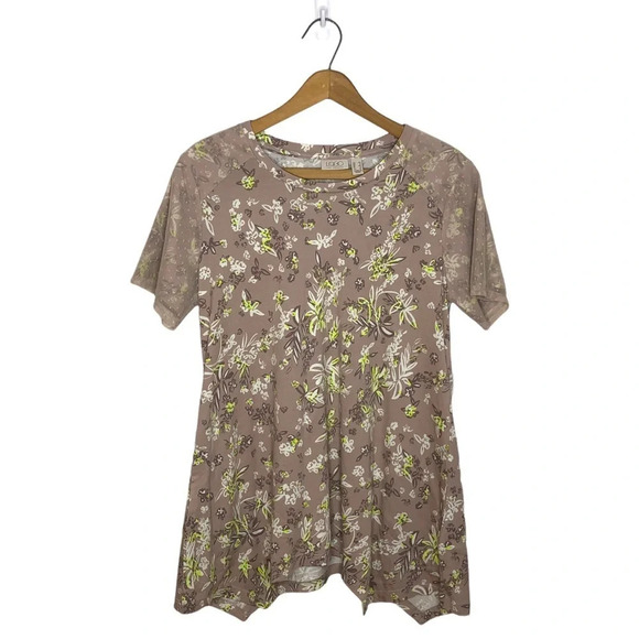 LOGO Lori Goldstein Shark Bite Pointed Hem Floral Print Short Sleeve Tunic Shirt - Picture 3 of 9